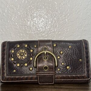 Coach Soho Studded Brown Pebbled Leather Continental Wallet Brass Buckle